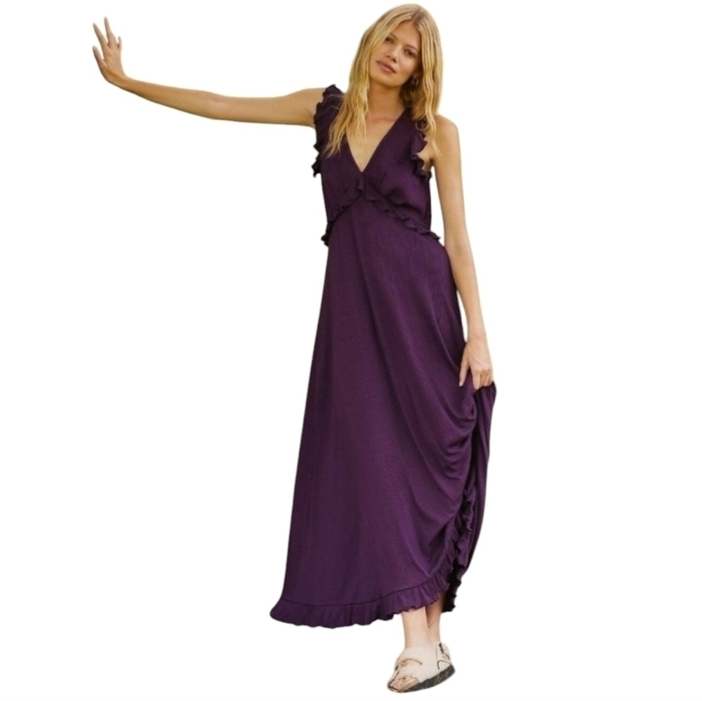 Anthropologie | Women's Purple V-Neck Ruffle Maxi Length Dress (US Size XL)